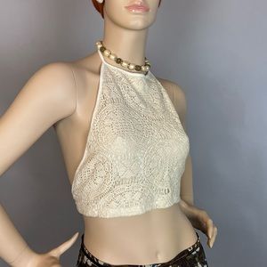 Melville Italy cotton lace crochet every open back halter top